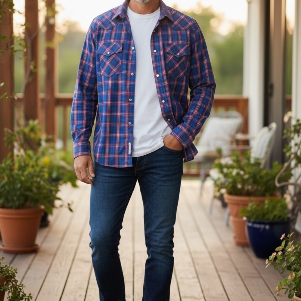 Wrangler Western Plaid Snap Button Shirt Men’s Blue Red Long Sleeve cowboy